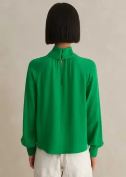 Silk High Neck Raglan Sleeve Top