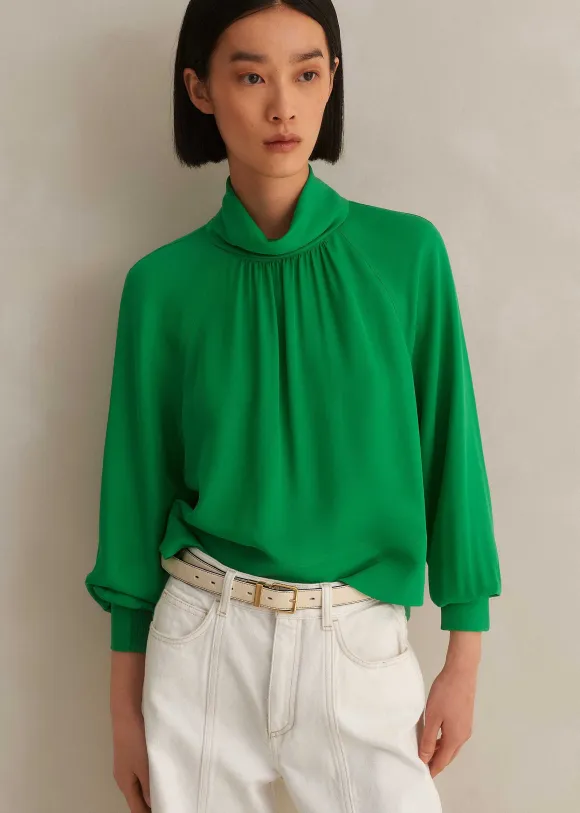 Silk High Neck Raglan Sleeve Top