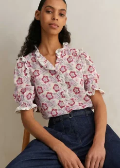 Silk-Blend Floral Swirl Print Top