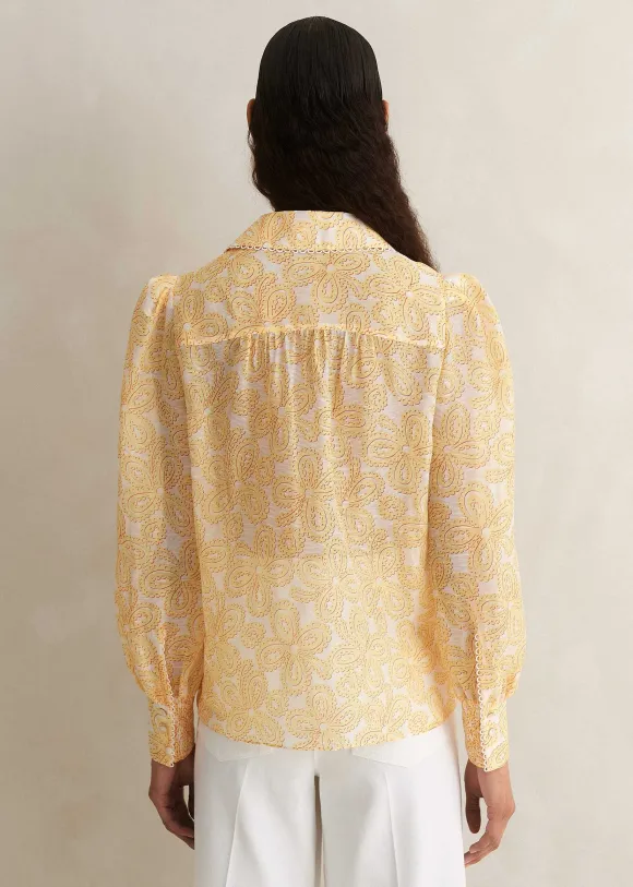 Silk-Linen Lace Print Balloon Sleeve Blouse