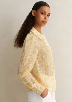 Silk-Linen Lace Print Balloon Sleeve Blouse