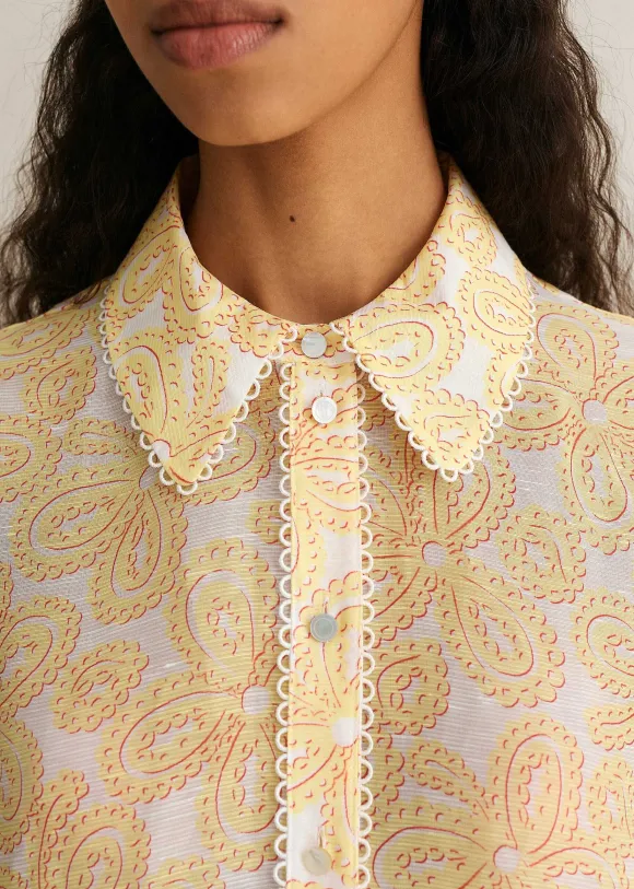 Silk-Linen Lace Print Balloon Sleeve Blouse