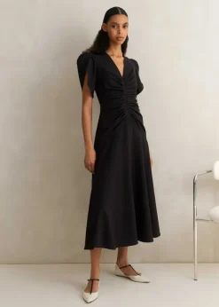 Textured Pleat Front Midi Dress